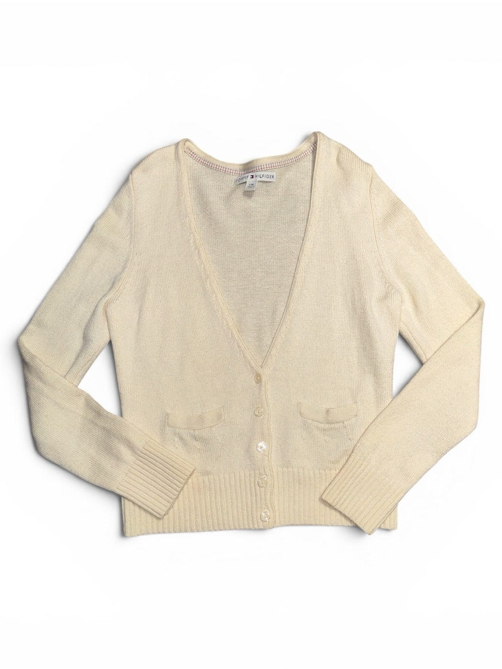 Tommy Hilfiger Merino Wool Cream V‑Neck Button Cardigan Sweater Large